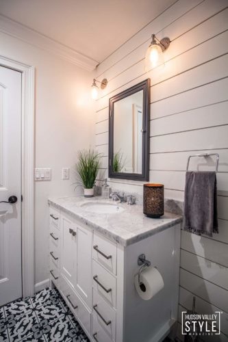 Double Vanity - Shiplap - Modern Rustic Bathroom Design - Luxury Hudson Valley Home for Sale - Almax Realty - The Best Real Estate in the Hudson Valley