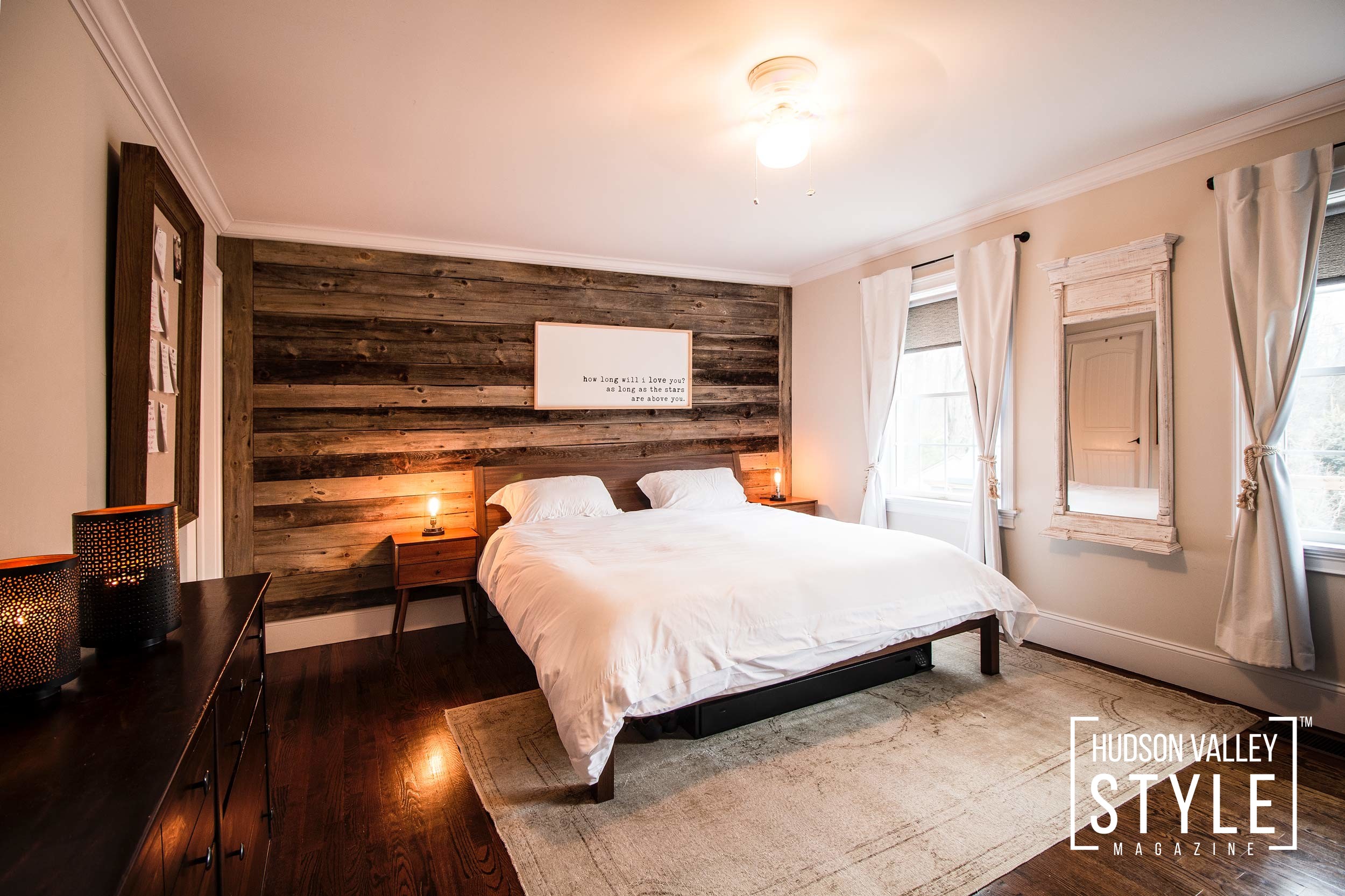 Master Bedroom - Reclaimed Wood Feature Wall - Modern Rustic Interior Design - Luxury Hudson Valley Home for Sale - Almax Realty - The Best Real Estate in the Hudson Valley