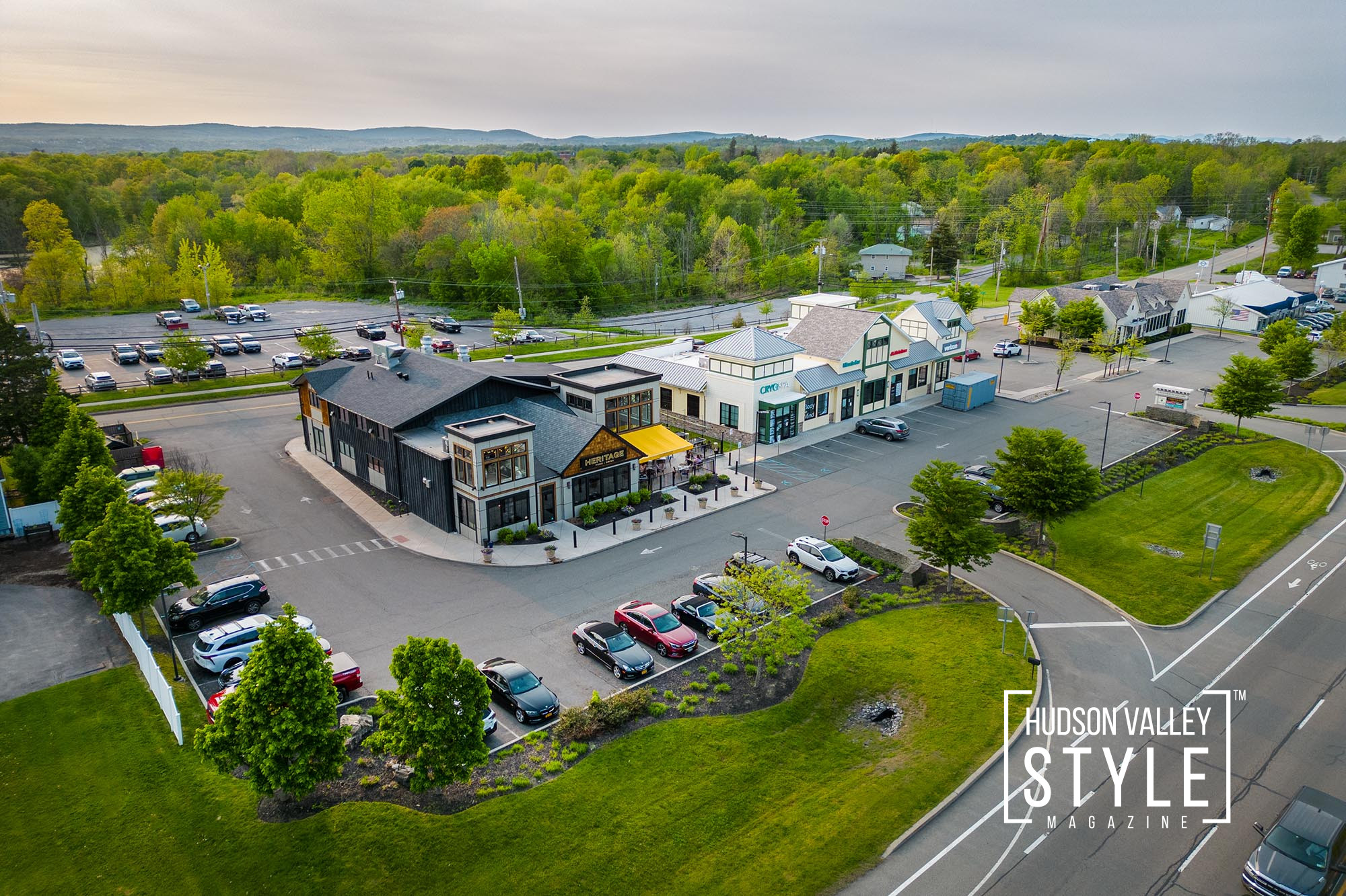Aerial view of the Greenbaum Square in Wappingers Falls, NY – Heritage Restaurant – Photo by Alluvion Media – Hudson Valley Real Estate Photography